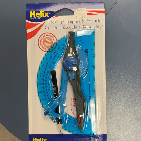Helix plastic locking protractor and compass set