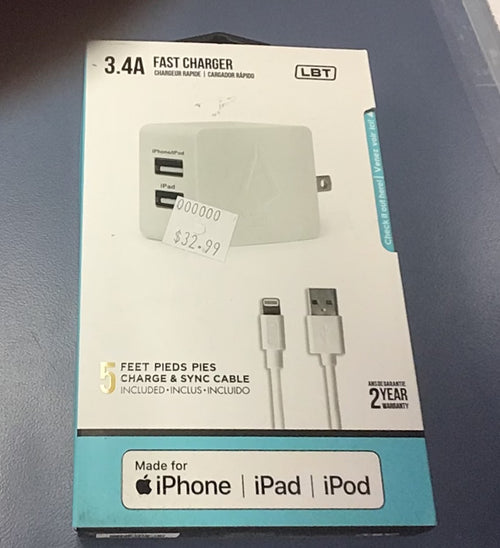 Libratel Wall Charger w/ Charging Cable White 5ft 2 port